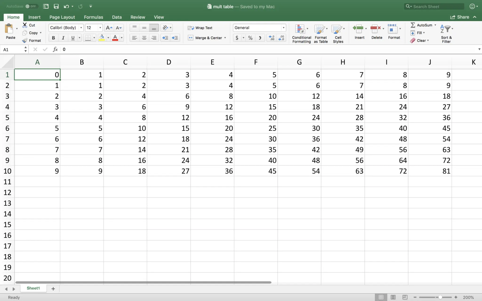 Multiplication Table in Excel