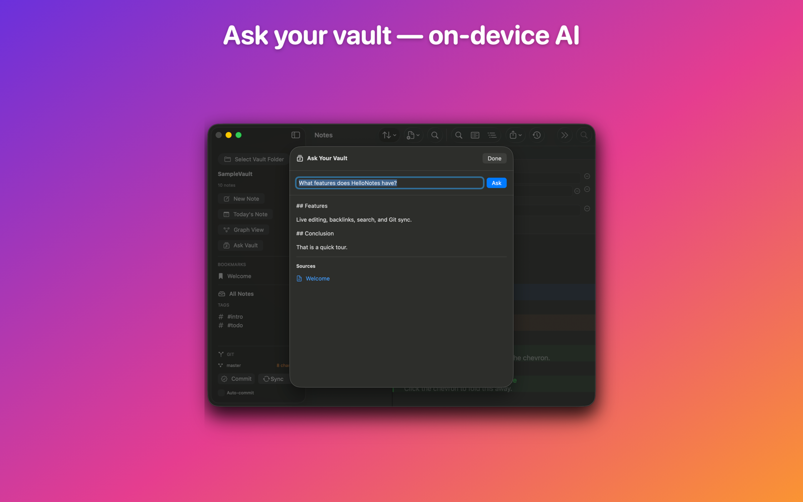 Ask your vault — on-device AI answers with citations